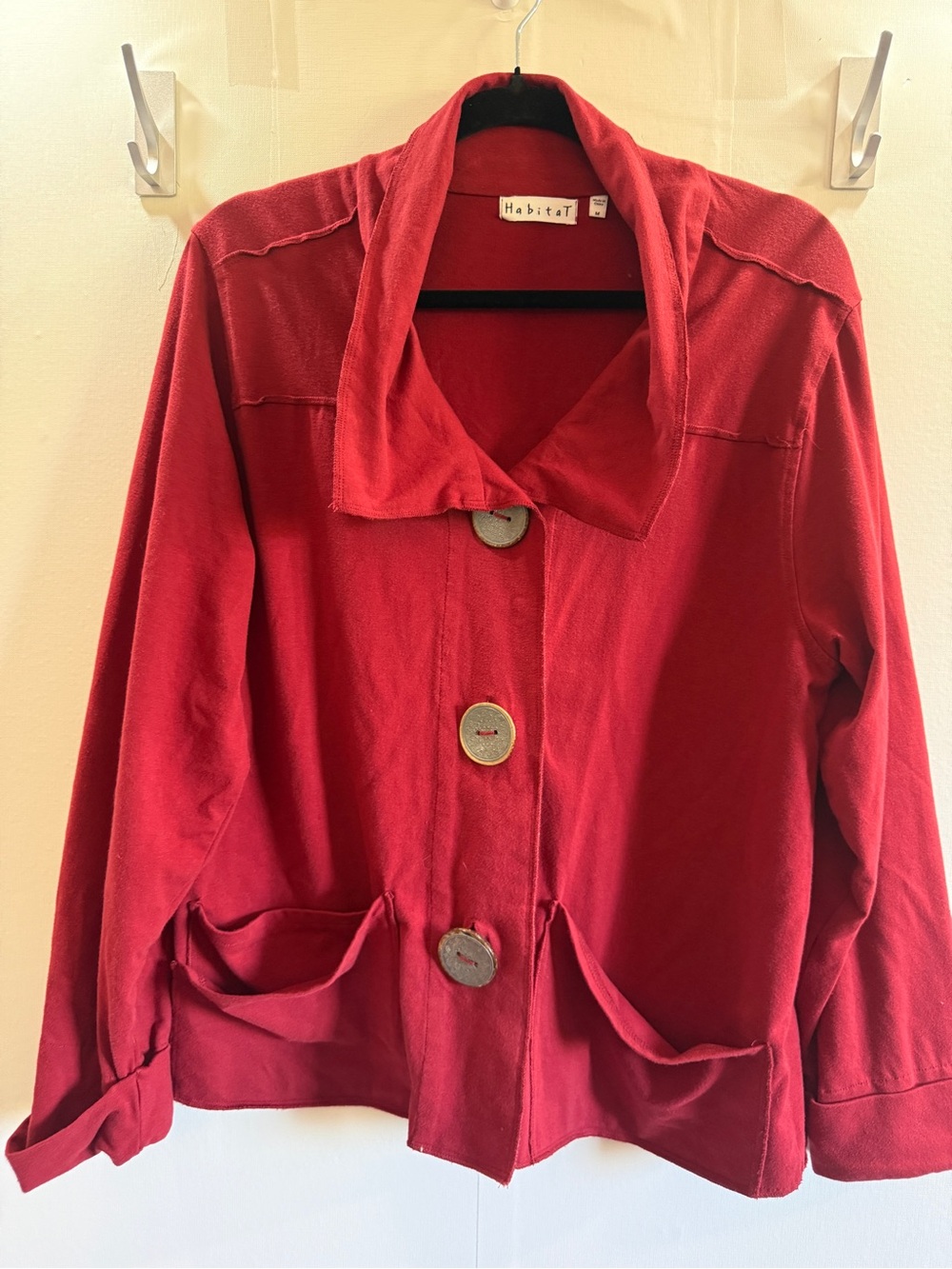 Habitat Red Cotton Blend Button Front Jacket Size M Artsy Lagenlook Pockets